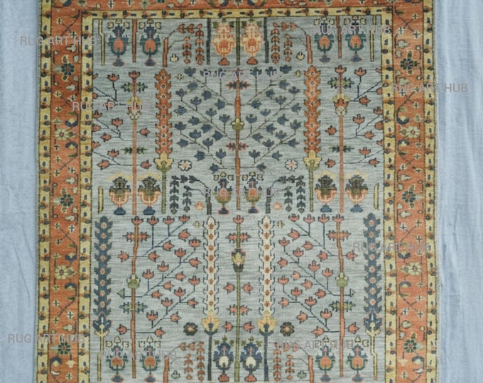 Hand Knotted Blue Rust Wool Rug Handmade Oriental Floral Botanical Design Farmhouse Style Living Room Bedroom Luxury Wool Area Rug