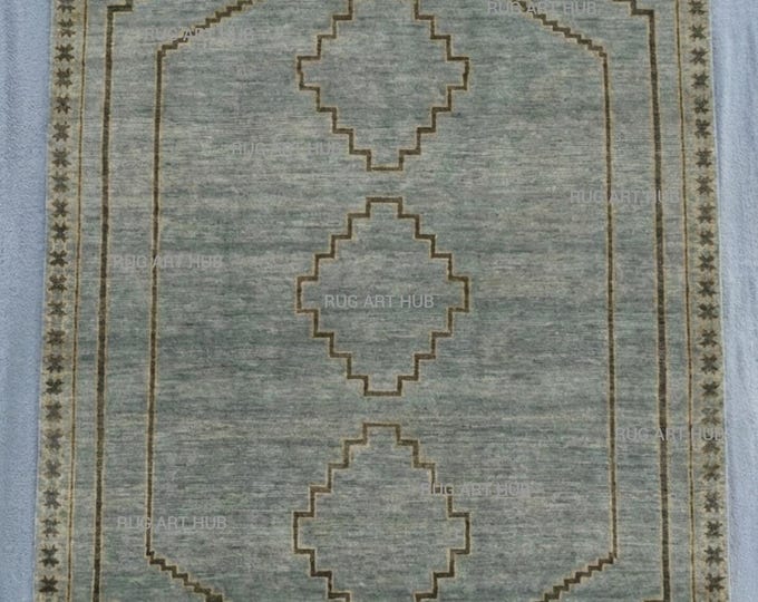 Hand Knotted Green Gold Wool Tribal Rug – Vintage Style Geometric Pattern Area Rug for Living Room, Bedroom & Bohemian Home Decor Area Rug