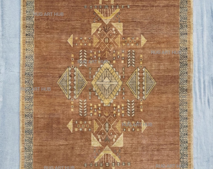 Hand Knotted Wool Rug Brown Tribal Geometric Handmade Wool Area Rug Traditional Oriental Design Boho Farmhouse Living Room Decor Area Rug