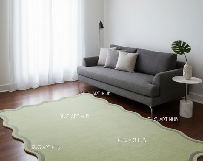 Hand Tufted Wavy Border Rug Modern Irregular Shape Designer Wool Area Rug Custom Living Room Bedroom Accent Contemporary Rug