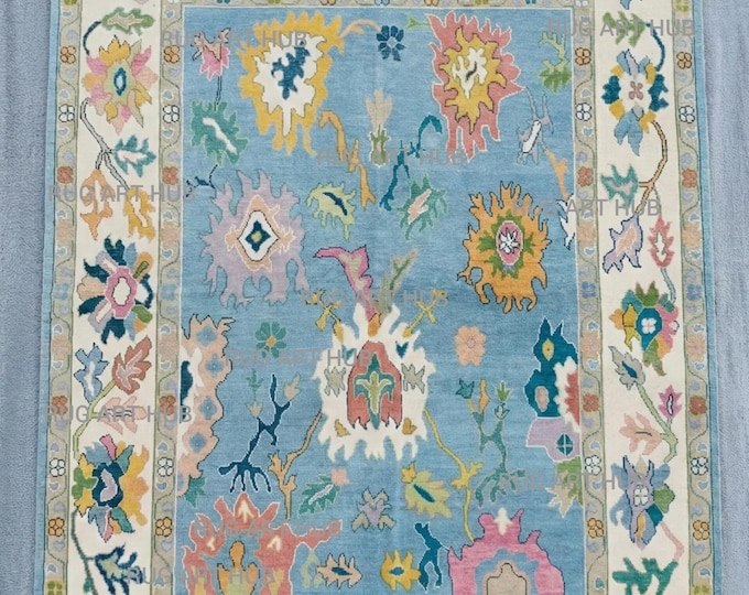 Hand Knotted Oushak Wool Rug Blue/Beige Colorful Living Room Rug Handmade Oriental Floral Boho Turkish Style Vintage Inspired Area Rug