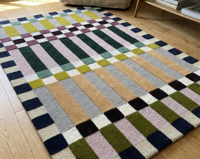 Large Hand Tufted Wool Rug Modern Colorful Checkered Plaid Geometric Design Contemporary Handmade Area Rug Living Room Bedroom Rug