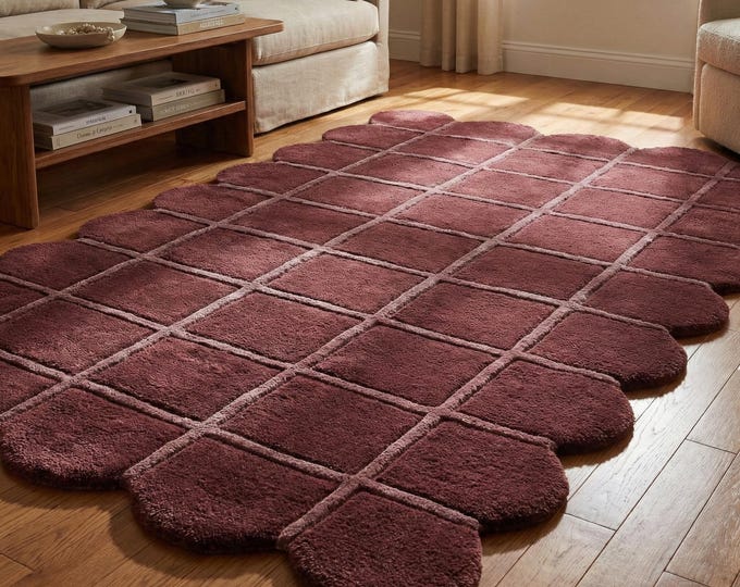 Hand Tufted Burgundy Area Rug – Modern Geometric Wool Rug for Living Room & Bedroom