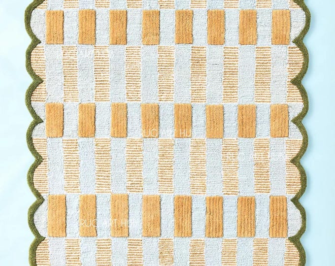 Scallop Blue & Green Tufted Wool Area Rug, Entryway Rug, Carpet for Bedroom Aesthetics, Living Room, Hall, Kitchen, Office,Anthropologie rug