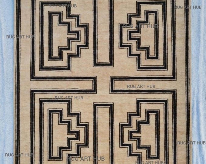 Hand Knotted Wool Rug Modern Geometric Area Rug Black and Beige Minimalist Carpet Contemporary Handmade Rug for Living Room and Office Rug