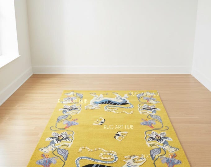 Hand Tufted Tiger Rug Mustard Yellow Animal Print with Pink Blue Black Tigers Floral Design Eclectic Living Room Modern Art Custom Area Rug