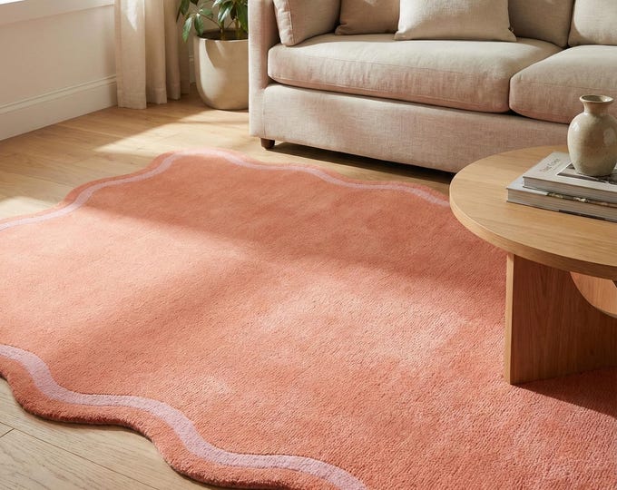 Peach Pink Wavy Border Rug Handmade Irregular Shape Carpet Modern Aesthetic Cute Pastel Area Rug Playful Living Room Bedroom Accent