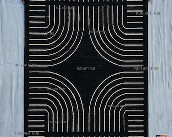 Hand Knotted Black and White Geometric Wool Rug Modern Minimalist Handmade Area Rug Contemporary Abstract Design Luxury Living Room Rug