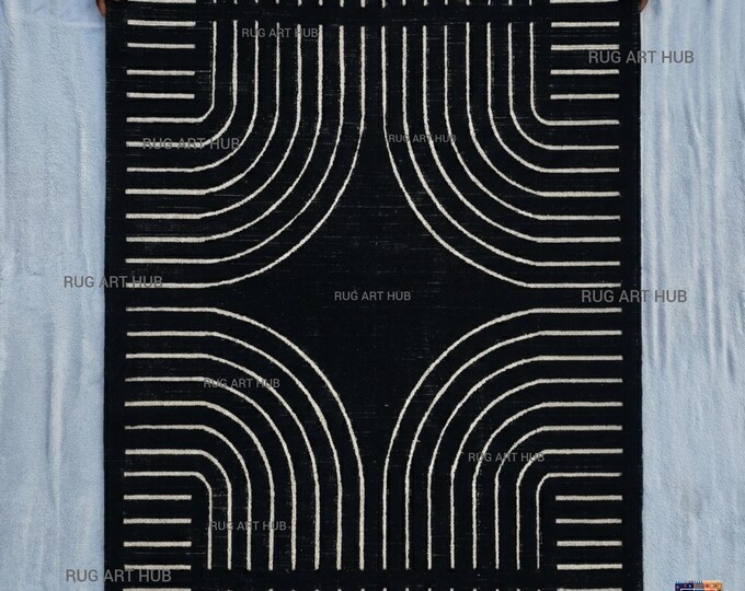 Hand Knotted Black and White Geometric Wool Rug Modern Minimalist Handmade Area Rug Contemporary Abstract Design Luxury Living Room Rug