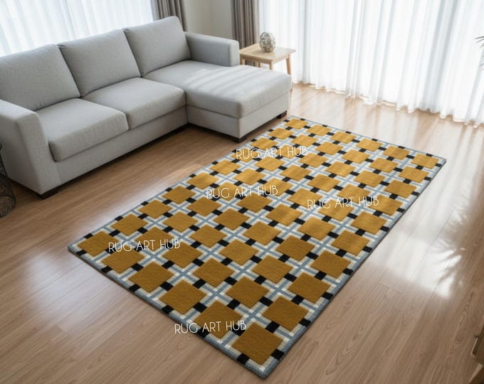 Handmade Geometric Ochre Sky Wool Rug – Hand-Tufted Modern Area Carpet with Square Pattern Bold Graphic Floor Decor for Living Room Rug
