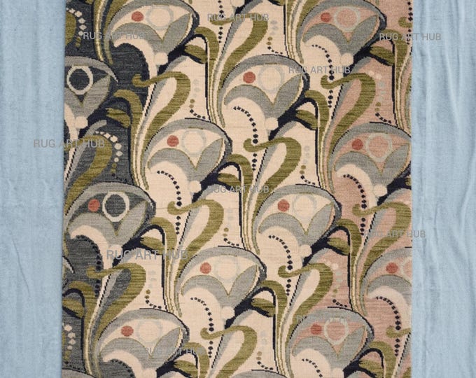 Hand Knotted Multi Color Wool Rug Art Deco Floral Pattern with Blue Pink Olive Design Handmade Modern Scandinavian Style Designer Area Rug