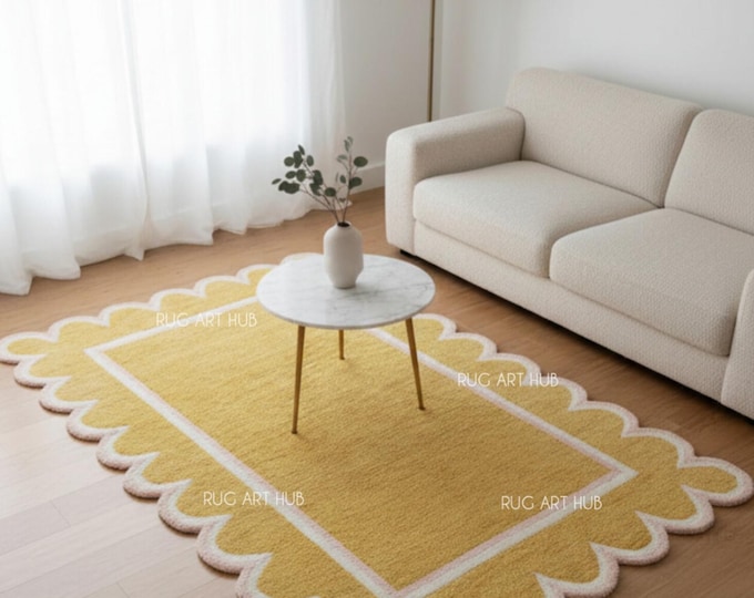 Hand Tufted Yellow Pink Scallop Border Rug – Modern Playful Area Rug – Colorful Geometric Design Carpet for Living Room, Bedroom, Nursery