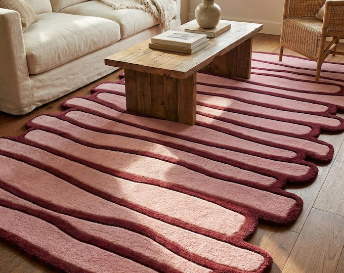 Modern Hand Tufted Wool Area Rug, Abstract Sculpted Pink Rug, Luxury Designer Rug for Living Room & Bedroom