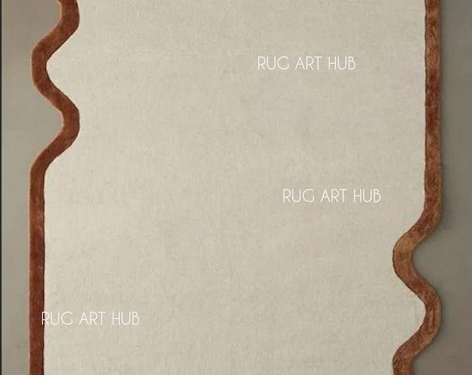 Hand Tufted Ivory Rug with Rust Brown Scalloped Border Modern Wool Area Rug Handmade Irregular Shape Living Room Bedroom Accent Decor