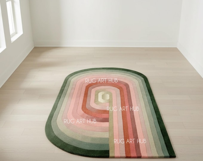 Hand Tufted Geometric Rainbow Rug Pink Red Green Arched Design Modern Retro Carpet Colorful Living Room Bedroom Handmade Large Area Rug
