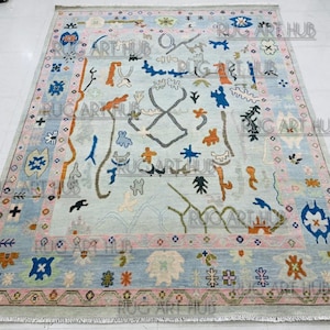 Beautiful Oushak Persian Rug| Cream and Blue with Pink Accent for Living Room Rug | Home Decor in 8×10,9x12,10x14 Area Rug | Tribal rug