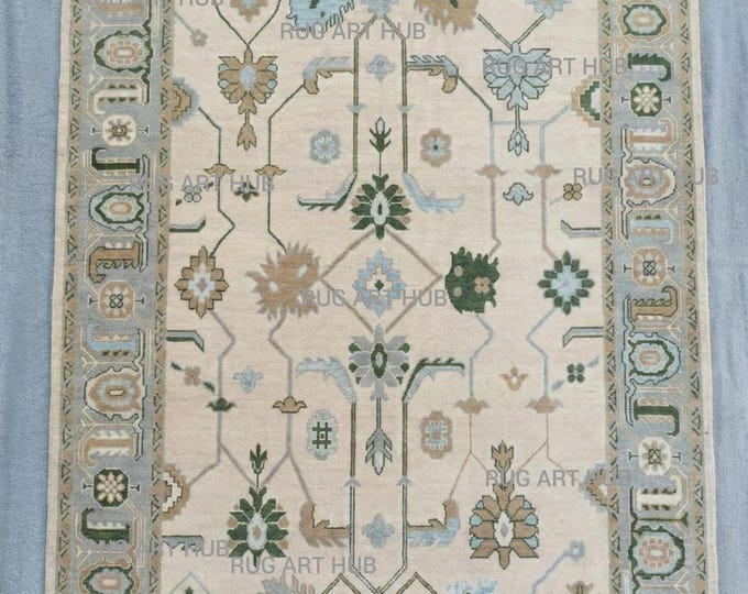 Ivory Pastel Hand Knotted Oushak Wool Rug Soft Floral Motif Artisanal Weave Elegant Neutral Area Rug for Living Room Custom Handmade Piece