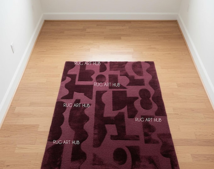 Hand Tufted Abstract Wine Maroon Rug Modern Cut Loop Textured Carpet Luxury Handmade Living Room Area Rug Contemporary Burgundy Red Rug