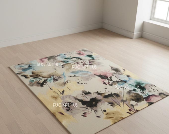 Hand Tufted Multicolor Floral Rug Beige Base Modern Wool Area Rug Abstract Pattern Handmade Living Room Bedroom Accent Contemporary Decor