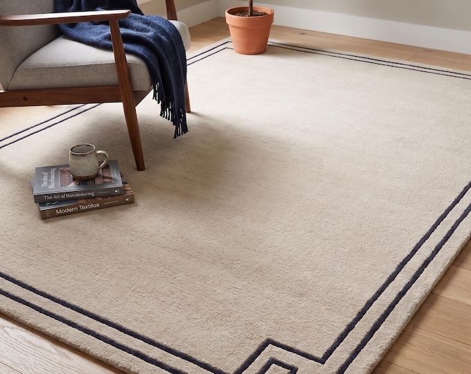 Hand Tufted Area Rug, White Navy Geometric Rug, Modern Neutral Rug, Handmade Living Room Rug, Contemporary Bedroom Carpet