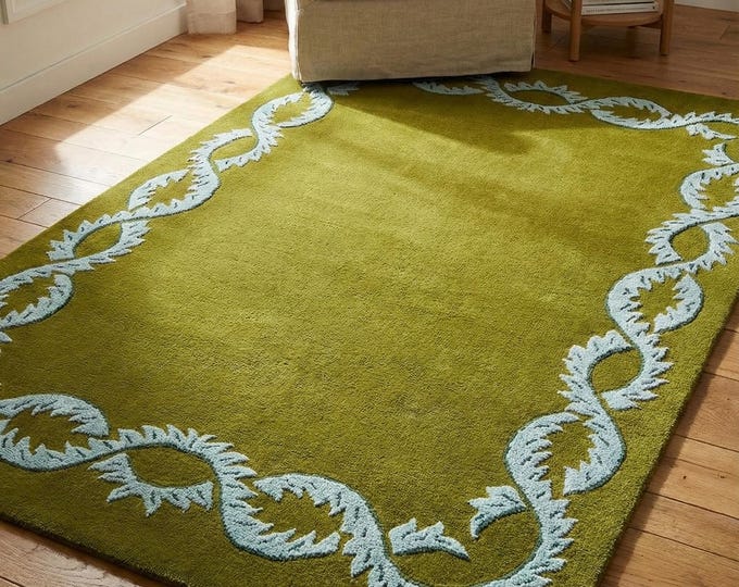 Hand Tufted Green Rug with Leaf Border Design Modern Wool Area Rug Custom Handmade Living Room Bedroom Accent Contemporary Rug