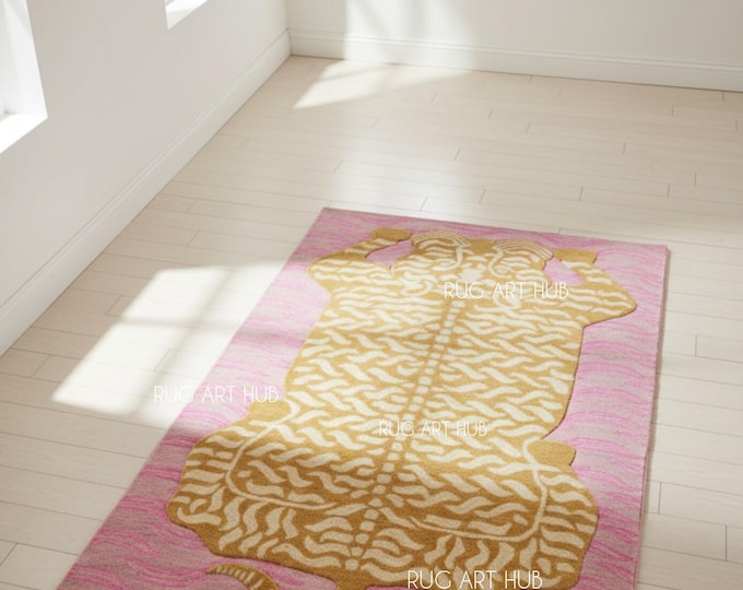 Hand Tufted Tiger Rug Golden Yellow on Grey Base with Pink Accents Animal Design Eclectic Modern Art Carpet Handmade Statement Rug