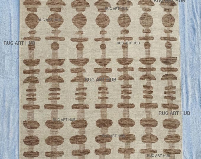 Hand Knotted Modern Wool Rug Abstract Geometric Brown Beige Oushak Contemporary Minimalist Design Living Room Bedroom Office Area Rug