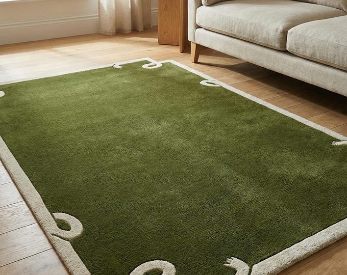 Hand Tufted Green Rug – Minimalist Modern Carpet with Cream Border – Abstract Swirl Design Aesthetic Living Room Bedroom Area Rug