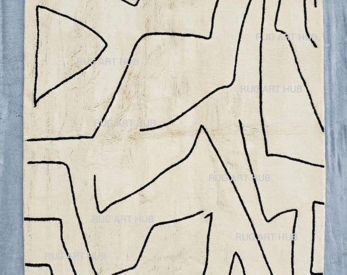 Hand Knotted Ivory Moroccan Style Rug Black Line Wool Area Rug Modern Abstract Handmade Living Room Bedroom Accent Contemporary Decor Rug