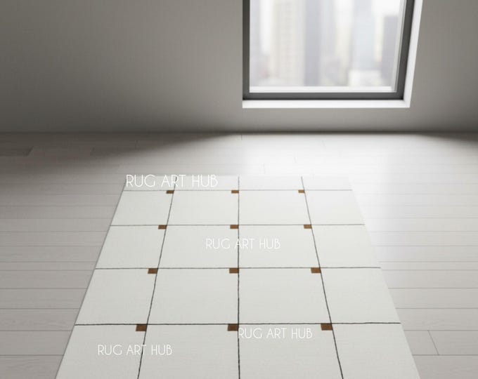 Large Modern Hand Tufted Wool Rug Minimal Checkered Grid Design Ivory Scandinavian Neutral Area Rug Living Room Bedroom Rug