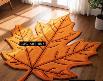Alfombra de hoja de arce: alfombra con forma de hoja otoñal, tejida a mano, con decoración otoñal naranja para sala de estar, dormitorio, entrada y un acogedor toque decorativo.
