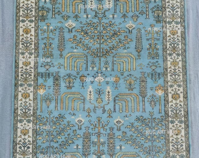 Hand Knotted Ivory Oushak Rug Blue Brown Wool Area Rug Oriental Turkish Vintage Style Handmade Living Room Bedroom Accent Decor Large Rug