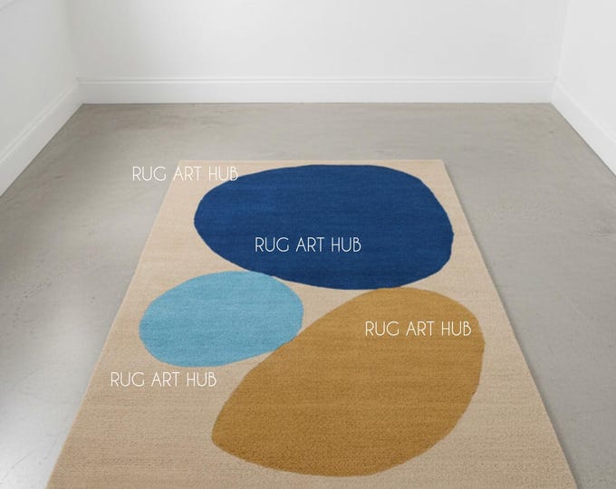 Hand Tufted Abstract Modern Rug Blue Mustard Light Blue Circle Design Contemporary Carpet Living Room Bedroom Accent Floor Decor