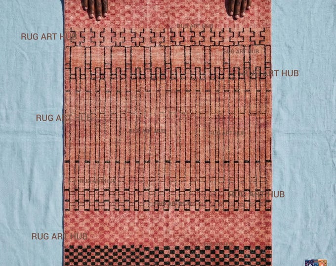 Hand Knotted Wool Area Rug Modern Geometric Tribal Design with Brown and Pink Accents Handmade Oriental Rug Living Room Bedroom Unique Rug