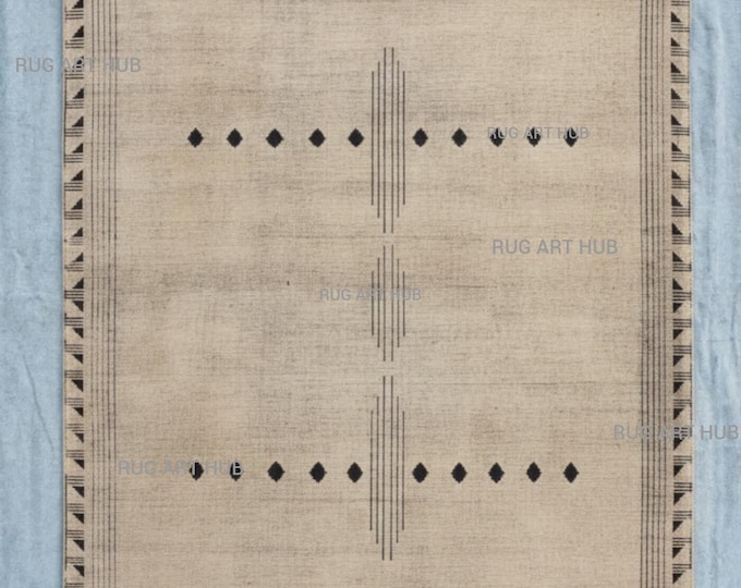 Hand Knotted Grey Wool Rug with Black Geometric Border Modern Minimal Tribal Pattern Handmade Designer Area Rug Custom Size Available