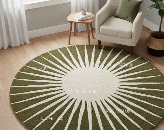 Hand Tufted Green Round Rug Premium Modern Wool Area Rug Custom Handmade Living Room Bedroom Accent Contemporary Rug