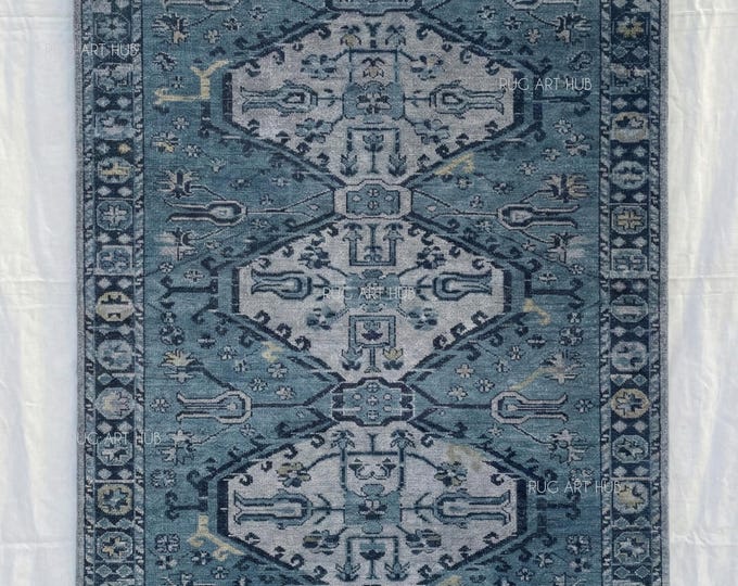 Anatolian Hand Knotted Wool Rug, Vintage Blue Turkish Area Rug, Geometric Medallion Oushak Style Rug 7x10