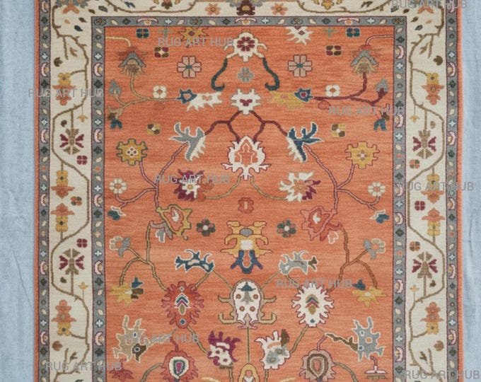 Hand Knotted Terracotta Oushak Wool Rug Blue Yellow Green Floral Pattern Handmade Oriental Design Traditional Living Room Decor Wool Rug