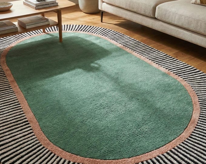 Hand Tufted Oval Green Area Rug – Modern Wool Carpet with Striped Border for Living Room & Bedroom