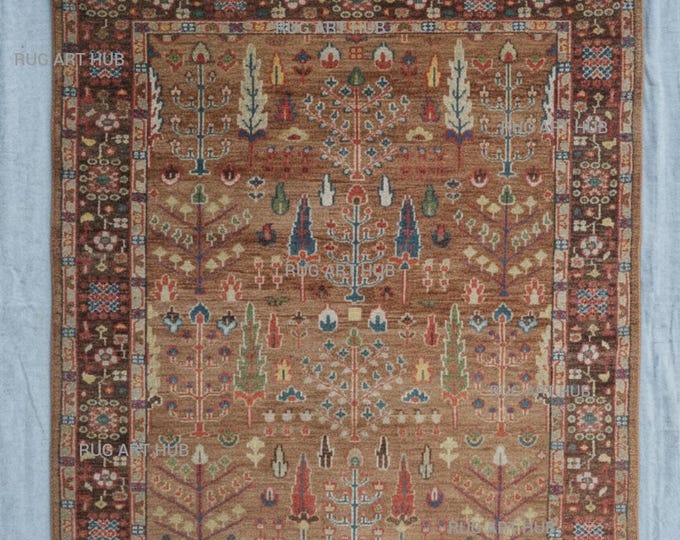Hand Knotted Camel Brown Tribal Wool Rug with Multi Color Geometric and Tree Pattern Handmade Caucasian Style Traditional Living Room Rug
