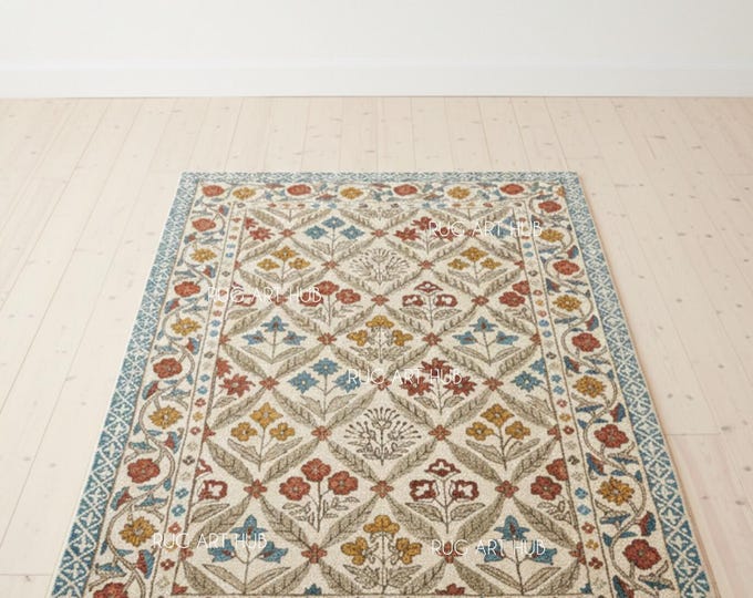 Hand Tufted Cream Floral Rug with Multicolor Design Blue Orange Pink Green Traditional Bordered Carpet Large Living Room Area Rug Custom