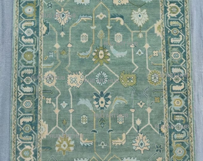 Hand Knotted Handmade Wool Oushak Rug Green Multicolor Vintage Style Area Rug Oriental Pattern Turkish Design Living Room Bedroom Rug