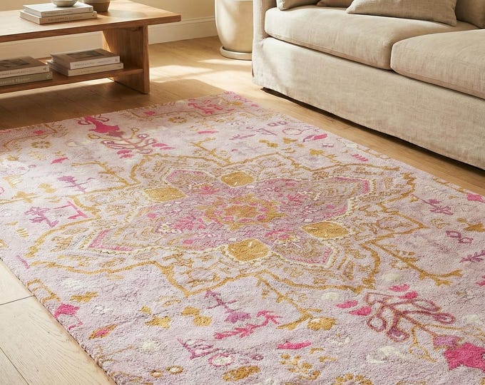 Handmade Boho Oriental Area Rug – Colorful Medallion Design – Modern Turkish Style Oushak Rug – Soft Living Room Carpet Trendy Bohemian Rug