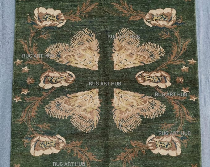 Hand Knotted Dark Green Floral Rug – Wool Area Carpet with Beige, Yellow & Cream Botanical Design for Living Room, Bedroom Living Room Rug