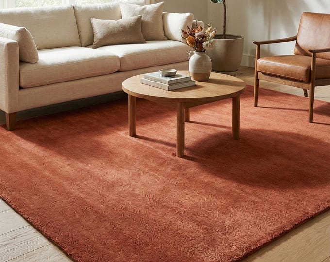 Solid Brick red Wool Rug Minimalist Hand Tufted Plain Carpet – Neutral Modern Area Rug for Living Room Bedroom Scandinavian Home Decor