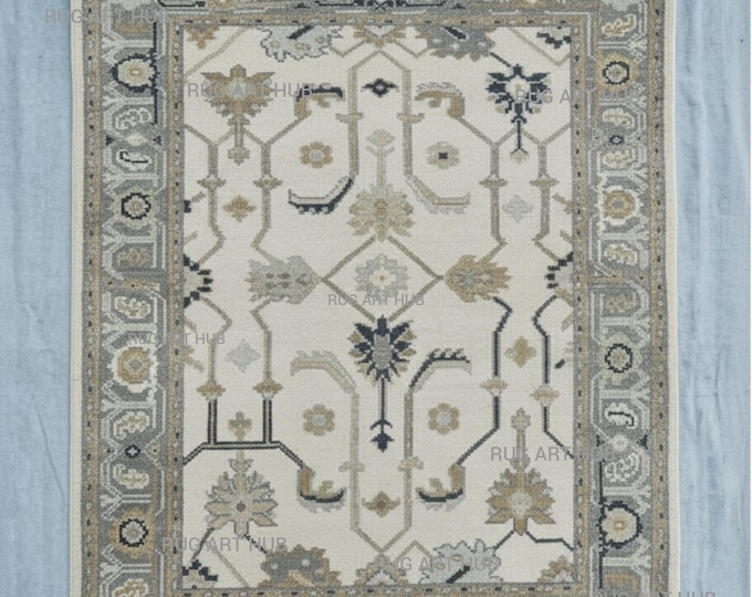 Ivory Pastel Hand Knotted Oushak Wool Rug Soft Floral Motif Artisanal Weave Elegant Neutral Area Rug for Living Room Custom Handmade Piece