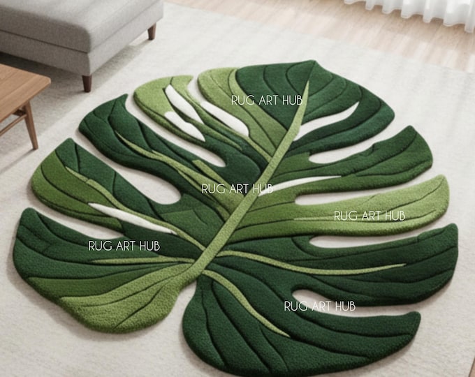 Hand-Tufted Wool Monstera Leaf Rug: Green Botanical Boho Decor