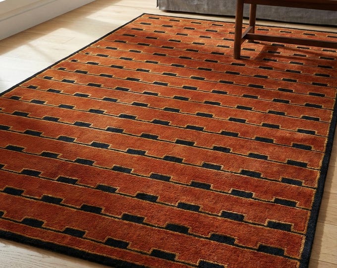 Hand Tufted Burgundy Black Geometric Rug with Gold Accents Modern Rectangular Area Carpet Mid Century Style Handmade Living Room Rug