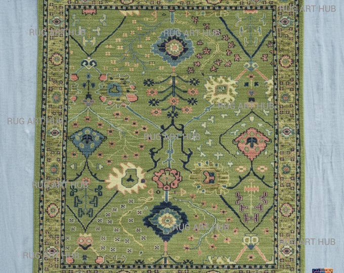 Hand Knotted Green Wool Rug 8x10 | Traditional Garden Design Carpet | Floral Pattern Oriental Area Rug | Living Room Handmade Large Area Rug