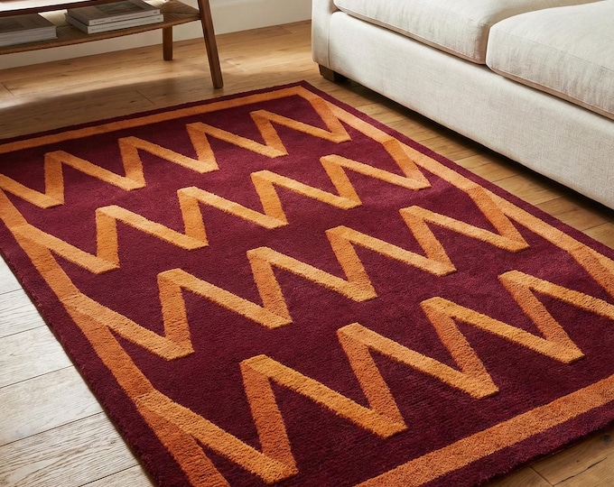 Hand Tufted Burgundy Red Rug with Orange Zigzag Pattern Modern Wool Area Rug Handmade Geometric Living Room Bedroom Accent Decor